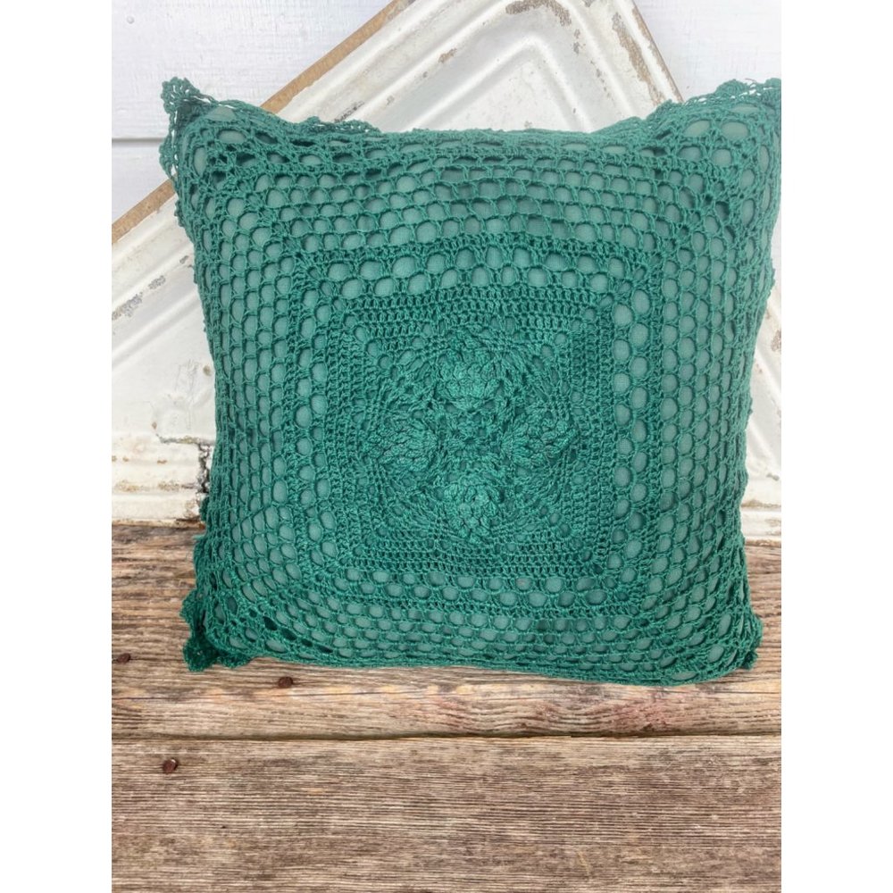 Vintage Green cotton crochet Accent Pillow 13x13"